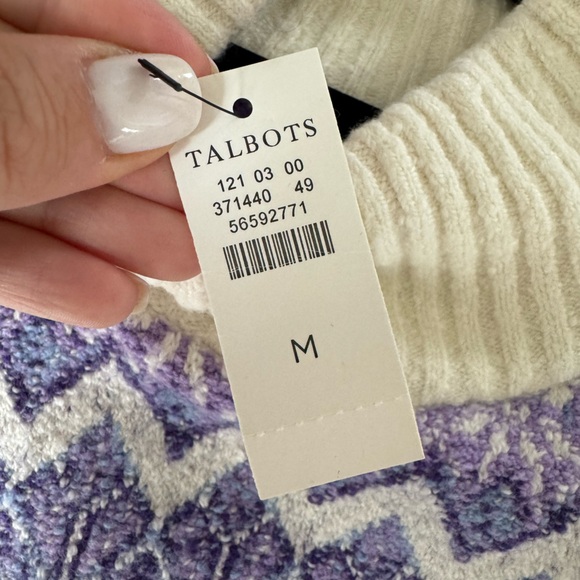 Talbots Purple Cream Zigzag Jacquard Mockneck Sweater Size Medium NEW wool blend - Picture 9 of 10
